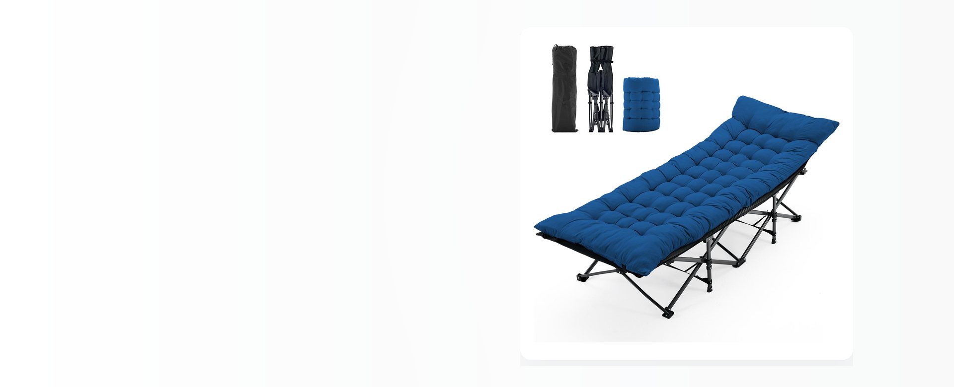 A blue padded folding camping bed with its mattress rolled and the frame folded, photographed on a pale studio background.